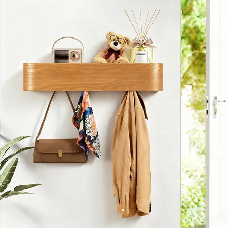 Clothes Coat Rack Hanger Wall Mounted 5 Hooks Hat Bag Towel Organiser Key Holder Wooden Storage Shelf Home Entryway Hall Bathroom Living Room Decor