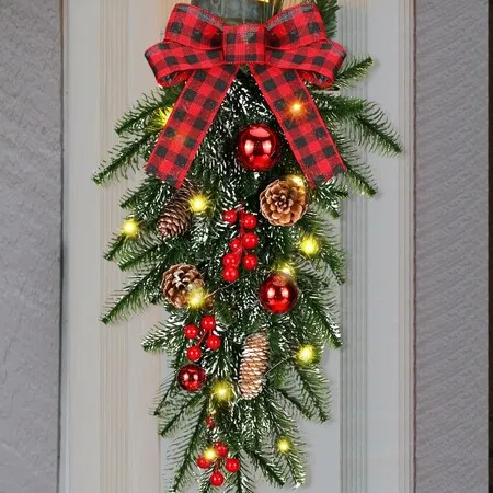 Christmas Teardrop Swag 24 Inch Pine Branch Swag Stairway Swag Prelit Tear Drop Christmas Wreath with Warm Lights Christmas Decoration