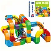 Electric Train Set,Flexible Race Track,3D Embedded Layouts Train Track Set,Gravity-Defying Motorized Car & Rail Cube Building Toy (123PCS)