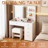 Dressing Table Stool Set Vanity Dresser White Makeup Desk Bedroom Furniture LED Lighted Mirror 3 Lighting Colours 5 Drawers 2 Shelves Glass Tabletop