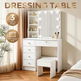White Dressing Table and Stool Set Bedroom Dresser Makeup Vanity Desk with 10 LED Lighted Hollywood Mirror 5 Storage Drawer 4 Shelves Modern Furniture