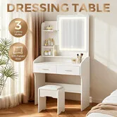 White Dressing Table Set Makeup Dresser Vanity Mirror Desk Stool PU Leather Chair 2 Storage Drawers Shelves 3 Lighting Modes Modern Bedroom Furniture