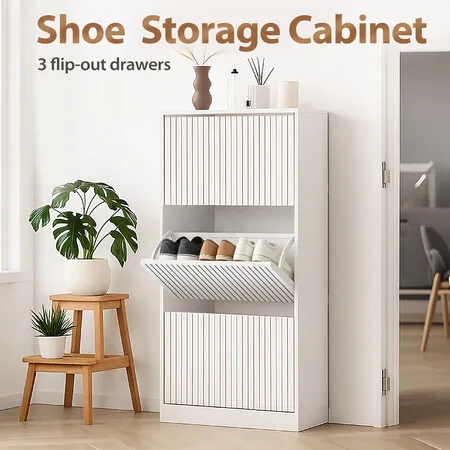 White Shoe Cabinet Rack Cupboard 3 Doors Shelf Drawers 30 Pairs Hidden Vertical Footwear Storage Wooden Tall Slim Narrow Organiser Hallway Entryway