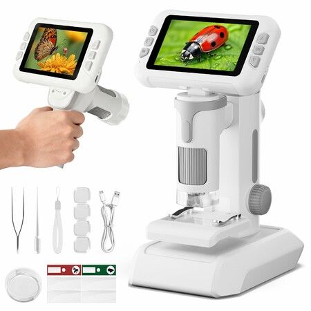 4.0" Microscope 1600X Handheld Digital 3-in-1 Microscope with Slides Portable STEM Toy Kit Educational Christmas Gift for Ages 8-12(Grey)