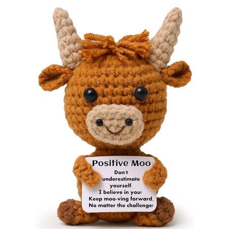 Mini Funny Positive Highland Cow, Knitted Wool Cow Toy with Positive Card, Creative Cute Crochet Doll Emotional Support Cheer Up Keepsake Gift
