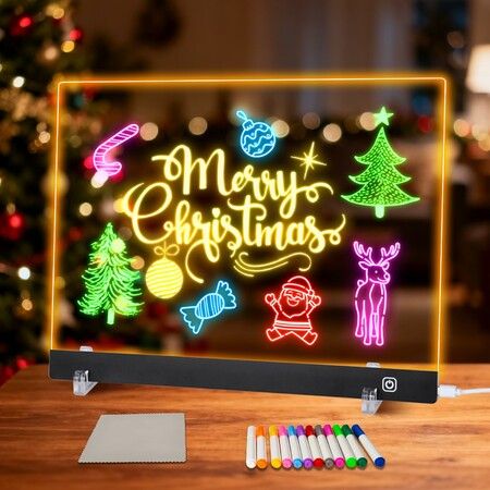 LED Note Board with Colors,35 x 25 cm Led Drawing Board for Kids,Light Up Acrylic Dry Erase Boards with Stand,Christmas & Birthday Gifts,Black