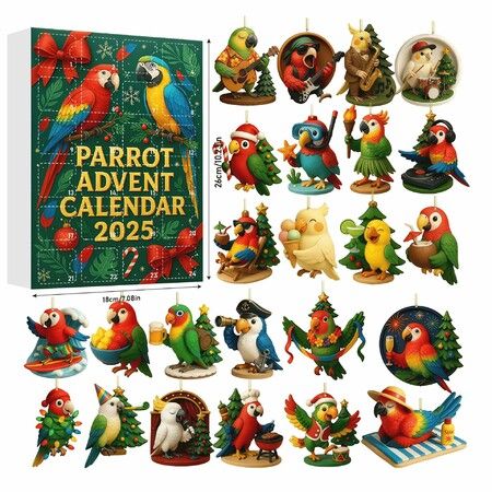 Parrot Bird Christmas Advent Calendar 2025,24-Day Christmas Countdown Ornaments,Unique Holiday Decoration Gift for Nature Lovers