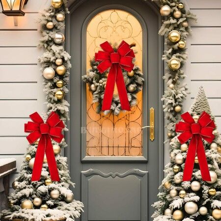 1PC Red Christmas Bows Outdoor Decorations Large Christmas Tree Top Bow Velvet Wreath with Glitter Gold Edge Front Door Decoration