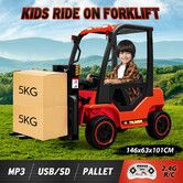 Kids Electric Forklift RC Car Ride On Toy All Terrain Vehicle Off Road Truck 12V Battery with Parental Remote Control Liftable Forks Pallet Light MP3