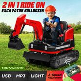 2 in 1 Kids Excavator Bulldozer Toy Electric Ride On Car Remote Control Pedal Digger Tractor Vehicle Off Road RC 360 Degree Rotating 12V 12AH Battery