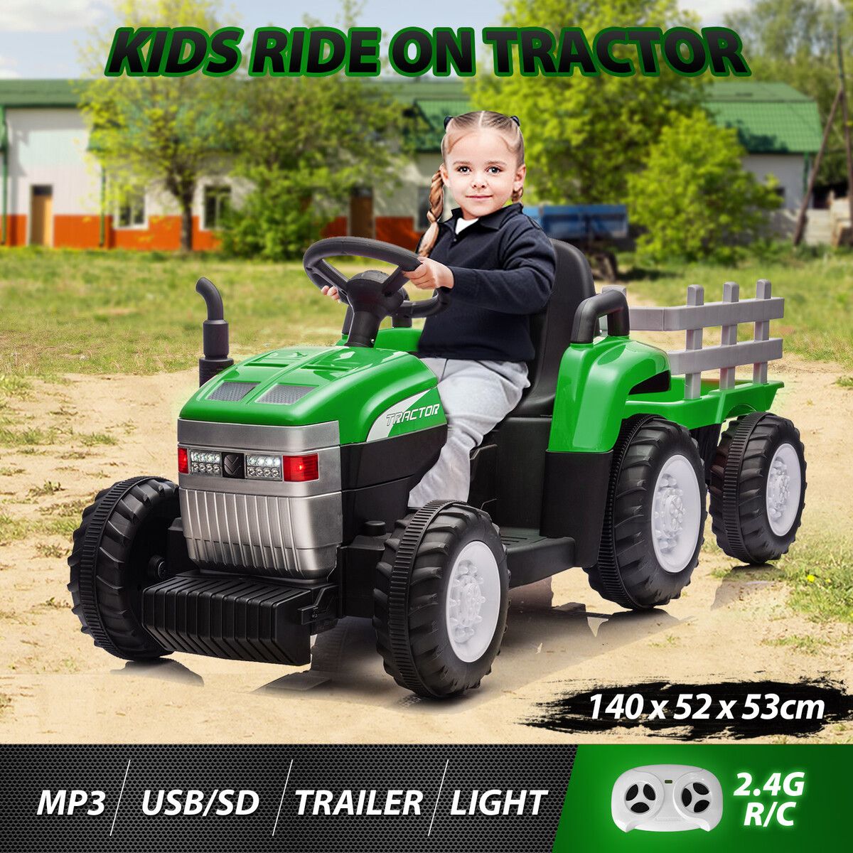 Remote Control Tractor Toy Vehicle Trailer Children Electric RC Ride On ...