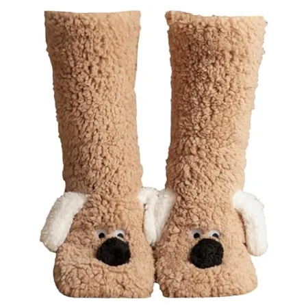 Cozy Thick Coral Fleece Non-Slip Slipper Socks for Women,  Cute Puppy Plush Fuzzy Warm Thermal Boot Socks for Winter, One Size, Brown