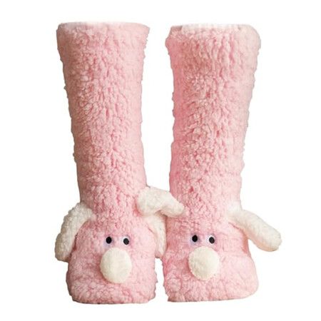 Cozy Thick Coral Fleece Non-Slip Slipper Socks for Women,  Cute Puppy Plush Fuzzy Warm Thermal Boot Socks for Winter, One Size, Pink