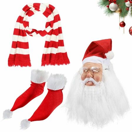 Santa 3 Piece Costume Set Latex Mask Fluffy Beard Scarf & Stocking Christmas White Bearded Old Man Latex Mask Christmas costume cosplay