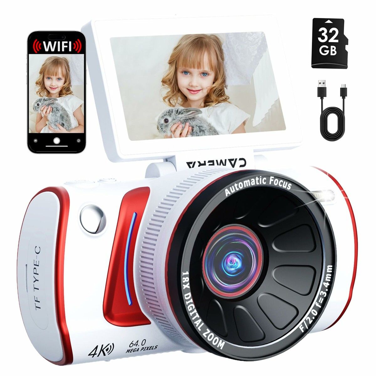 4K Digital Camera for Photography,64MP WiFi Vlogging Camera with 3In ...