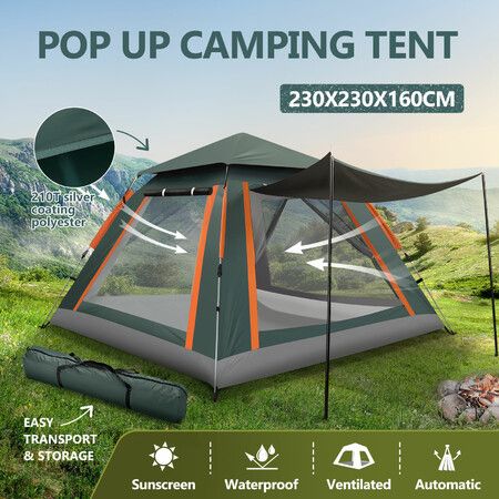 4 Man Beach Tent Shelter Camping Auto Pop Up Instant Dome Family Shade Hiking Fishing Sun Rain Picnic Outdoor Waterproof Portable Bag 230x230x160cm