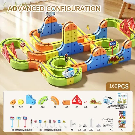 160pcs Rail Train Set 3D Embedded Race Track Gravity Defying Motorized Car Rail Cube DIY Montessori Sensory Building Toy STEM Christmas Birthday Gift