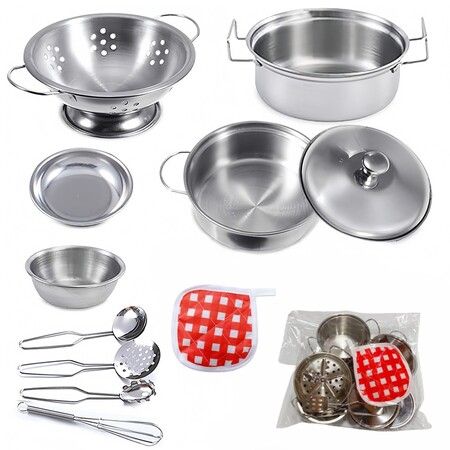 11PCS Pretend PLAY Children's Stainless Steel Toy Kitchen Set Realistic  Early Education Intelligence  Christmas Birthday Gift
