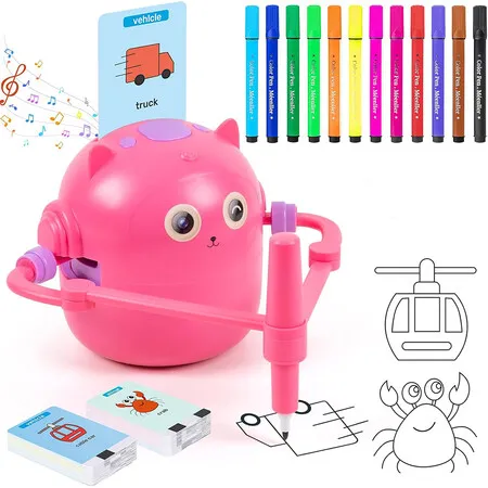 Drawing Robot for Kids, Interactive Educational Drawing Robot, Magic Painting Robot Toy with 12 Color Pens for Girls and Boys Age 3 and Up, Pink