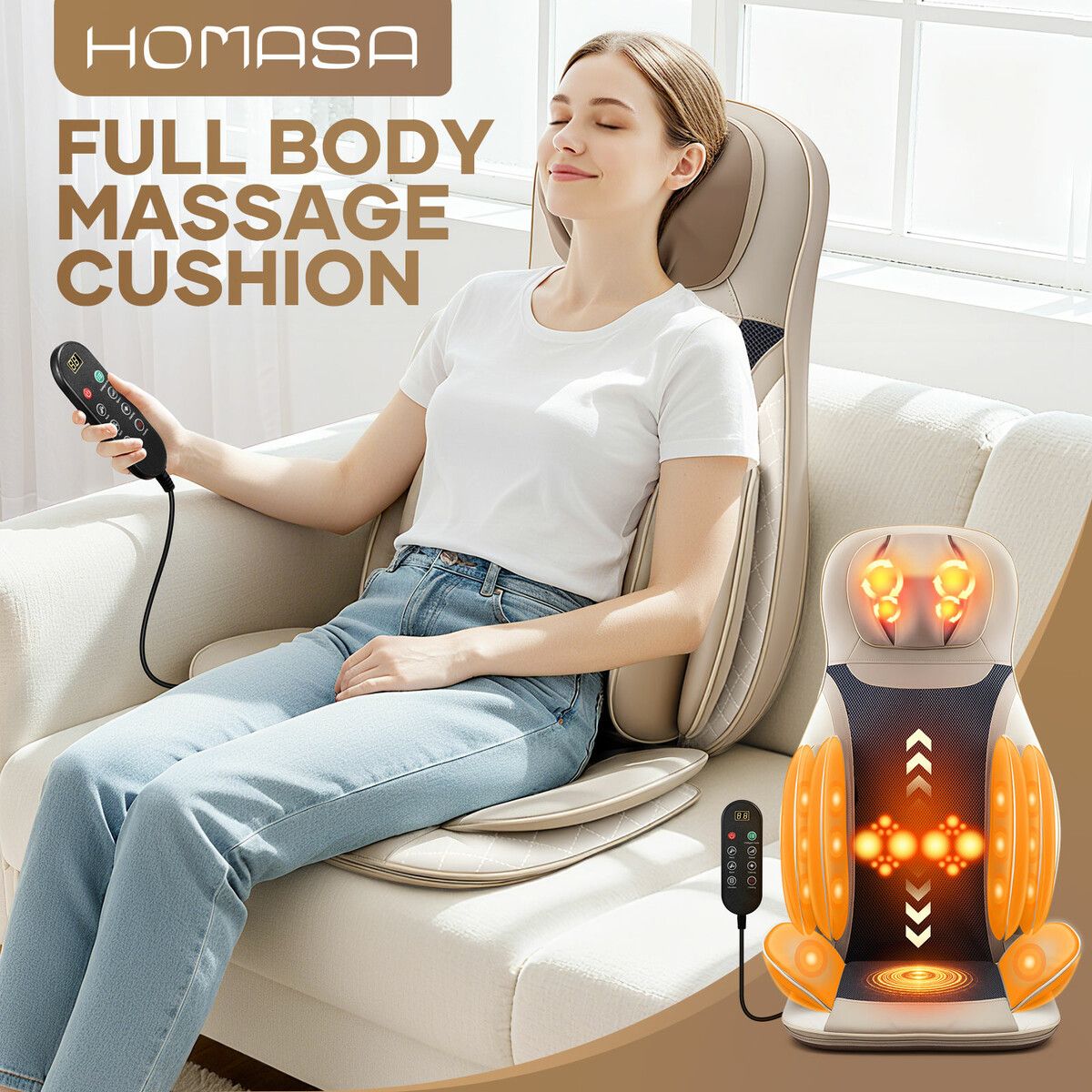 Homasa Full Body Massage Cushion Chair Electric Shiatsu Back Neck Massaging Seat Pad Kneading Rolling Vibration Heat Portable Massager Remote