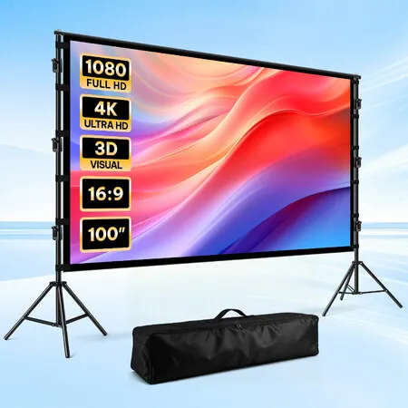Projector Screen 100 Inch 16:9 Foldable Tripod Stands Portable Front Rear Projection Outdoor Home Cinema Theatre 4K Ultra HD TV Backyard Movie Night