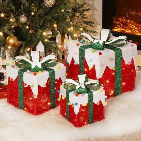 Christmas Lighted Gift Boxes 3 Pack RED Lighted  Boxes Light Up Present Boxes Decorations for Indoor Outdoor Battery Operated LED Light Up Gift