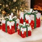 Christmas Lighted Gift Boxes 3 Pack RED Lighted  Boxes Light Up Present Boxes Decorations for Indoor Outdoor Battery Operated LED Light Up Gift