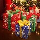 Christmas Lighted Gift Boxes 3 Pack SNOWFLAKE BOW Lighted  Boxes Light Up Present Boxes Decorations for Indoor Outdoor Battery Operated LED Light Up Gift