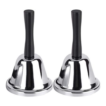 2Pcs Silver Steel Hand Bell, Steel Call Bell for Wedding, Men, Women, Dinner Bells for Food Line, Classroom Bells for Inside, Ringing, Silver