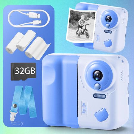 Kids Instant Camera Portable Selfie Children Educational Toys 1080P HD Digital Video Recorder Photo Print Compact Outdoor Travel Gifts 32GB SD Card