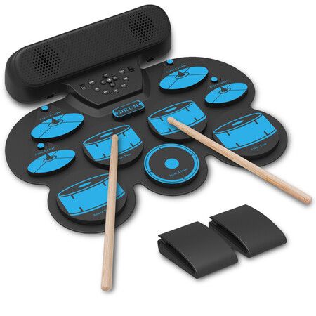 Electronic Drum Set 9-Pad Drum Kit with Built-in Speakers Bluetooth,AUX,Roll-up Drum Pad with 2 Foot Pedals Rechargeable