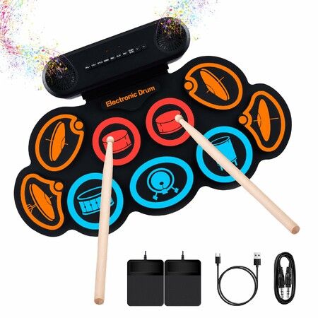 Electronic Drum Set 9-Pad Drum Kit with Built-in Speakers,7 Drum Sounds,Bluetooth,AUX,Roll-up Drum Pad with Foot Pedals Rechargeable Battery(Colours)