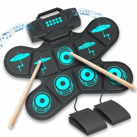 Electronic Drum Set Portable 9 Pads Roll-Up Drum Practice Pad USB MIDI Connectivity Drum Kit with Built-in Stereo Dual Speakers for Beginner Christmas Gift