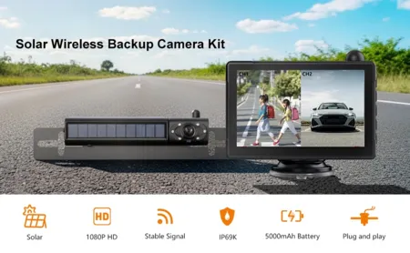 1080P Solar Wireless Backup Camera with 5in Monitor 5000mAh Rechargeable Battery Waterproof IR Night Vision 2 Camera Support for Car RV Trailer Camper