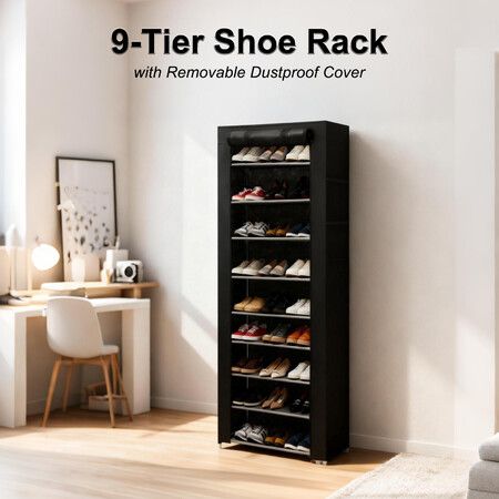 9 Tier Shoe Rack Cabinet Footwear Storage Organiser Vertical Wardrobe Tall Stackable Shelves Stand with Removable Fabric Cover Portable 57x29.5x159cm