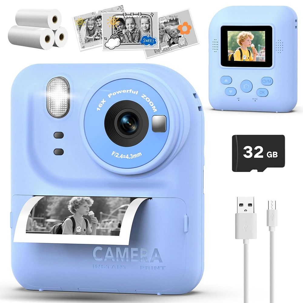 Kids Camera Instant Print Photo with 32GB, Portable Printing Camera Toy with HD Digital Video for Boys Girls Creativity & Learning (Blue)