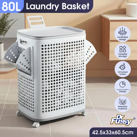 Laundry Basket Hamper Washing Dirty Towel Clothes Storage Organiser Bin 2 Removable Side Section Sorter Lid Wheels Rolling 80L Plastic Holder Bathroom
