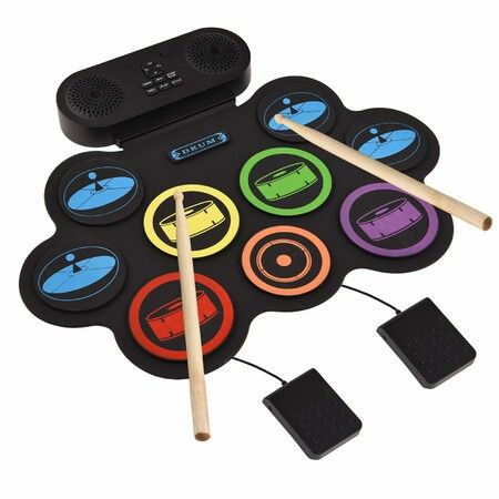 Electronic Drum Set Hand Roll Drum Set 9 Pads Supports DTX Gaming BT Accompaniment with Dual Speaker 7 Drum Styles 6 Rhythms with Drumsticks Foot Pedal