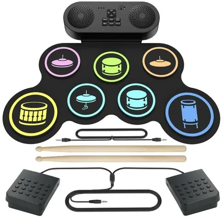 7-Pad Electronic Drum Set for Kids Portable Electric Drum Kit with Built-in Speaker Headphone Jack for Beginners with Pedals Drumsticks