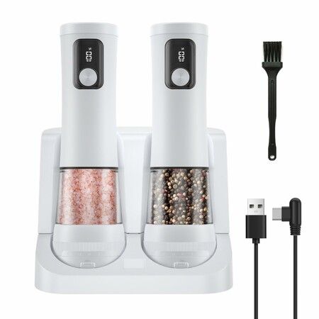 Electric Salt and Pepper Grinder Set 2 Pack Rechargeable Automatic Pepper Mill with Charging Base 5 Level,Display,LED Lighting for Kitchen