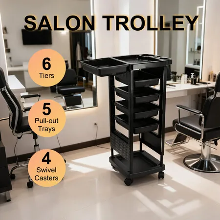 6 Tier Hair Salon Trolley Spa Beauty Parlor Hairdressing Tool Rolling Storage Cart Trays Mobile Work Station for Barber Stylist Tattoo Nail Shop Club