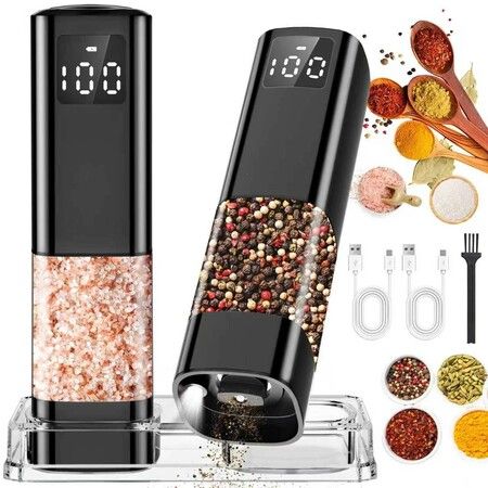 Electric Salt and Pepper Grinder Set Rechargeable with Digital Display,Pepper Grinder Mill Set with Light Ceramic Core Adjustable Coarseness