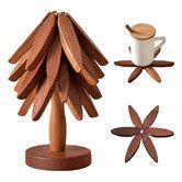 Natural Foldable Black Walnut Wooden Trivet Set, 4 Trivets and 1 Stand for Hot Dishes, Pot, Bowl, Teapot, Hot Pot Holders, Black Walnut