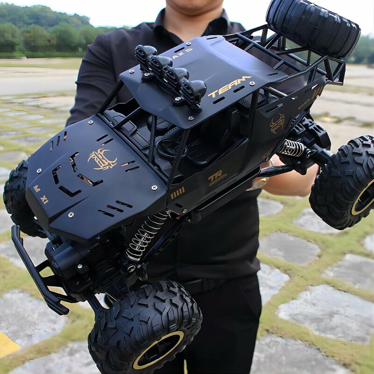 RC Cars Remote Control Car 1:12 Off Road Monster Truck,Metal Shell 4WD Dual Motors LED Headlight Rock Crawler,2 Batteries,Black