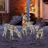3 Pcs Lighted Christmas Deer Family Set, Gold, Outdoor Reindeer Holiday Decoration, 60 LED Lights with Stakes and Zip Ties，3 x AA Battery Powered