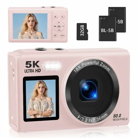Dual Screen 5K Digital Camera for Vlogging with Fill Light -80MP 16X Zoom WiFi, YouTubeBlogging, Includes 32GB Card 2 Batteries(Pink)