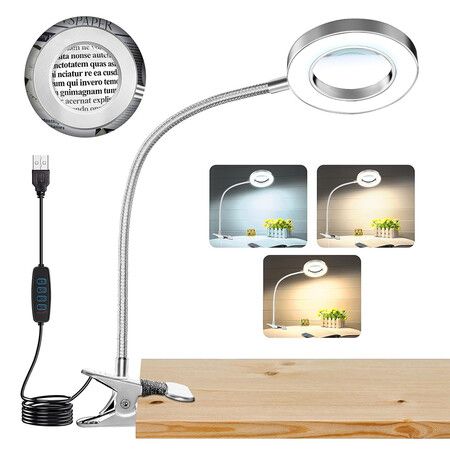 10X Magnifying Glass with Light, Clip on Mganifier with Light, 48 LED Desk Magnifying Glass wtih Clamp for Bed Work Crafts DIY Repair, Silver
