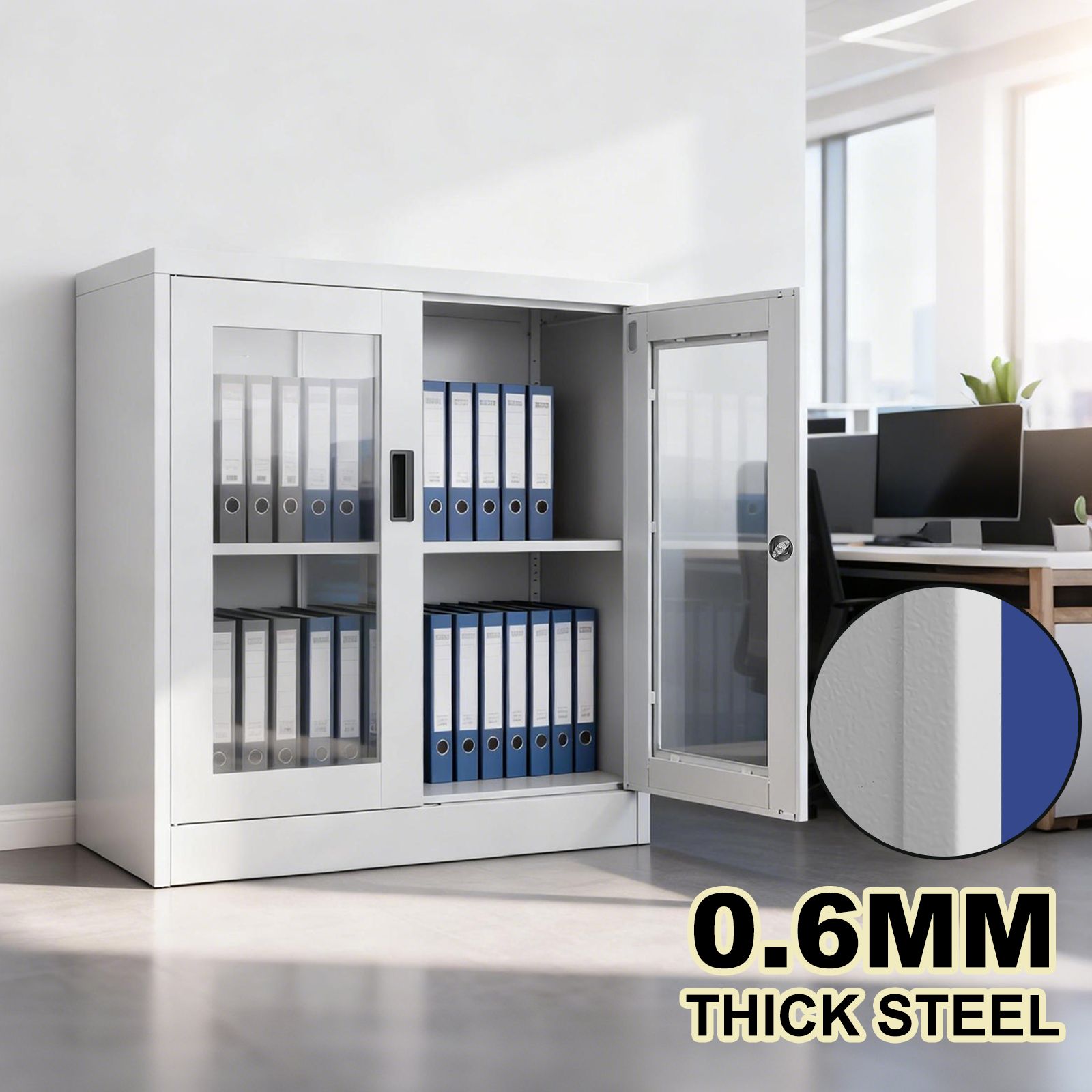 Steel Lockable File Cabinet Office Garage Storage Cupboard Display Shelves Locker Filing Document Stationery Organiser Metal Furniture Tempered Glass