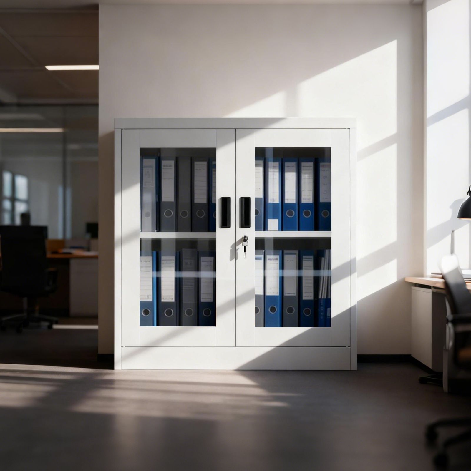 Steel Lockable File Cabinet Office Garage Storage Cupboard Display Shelves Locker Filing Document Stationery Organiser Metal Furniture Tempered Glass