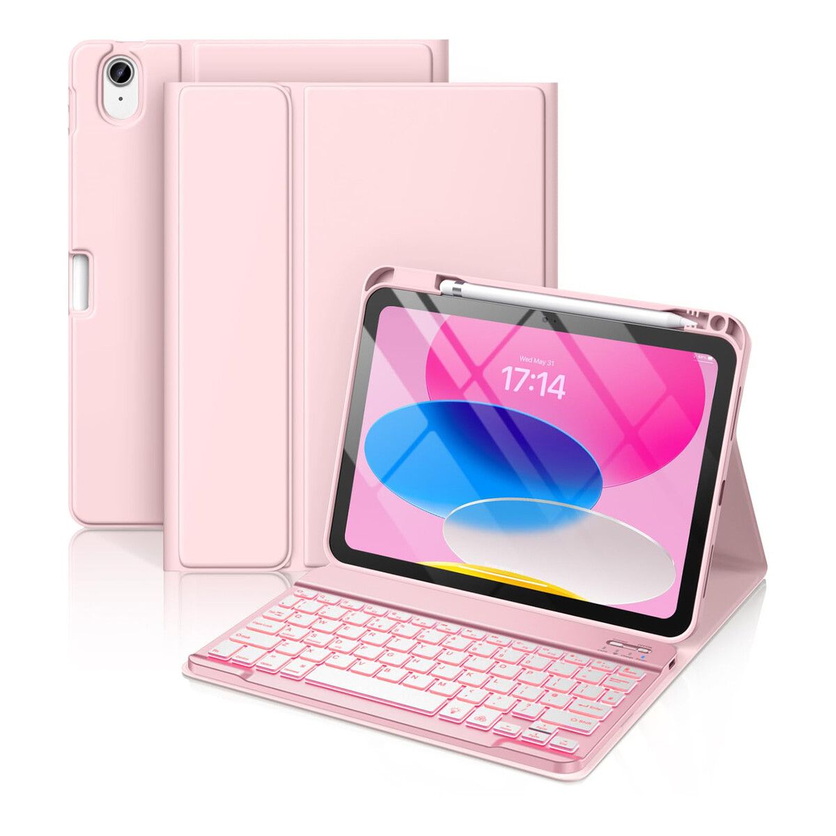 Keyboard Case for iPad A16 11th Generation 2025/10th Generation 2022(11/10.9 inch),7 Colors Backlit Detachable Folio Keyboard Cover with Pencil Holder,Pink